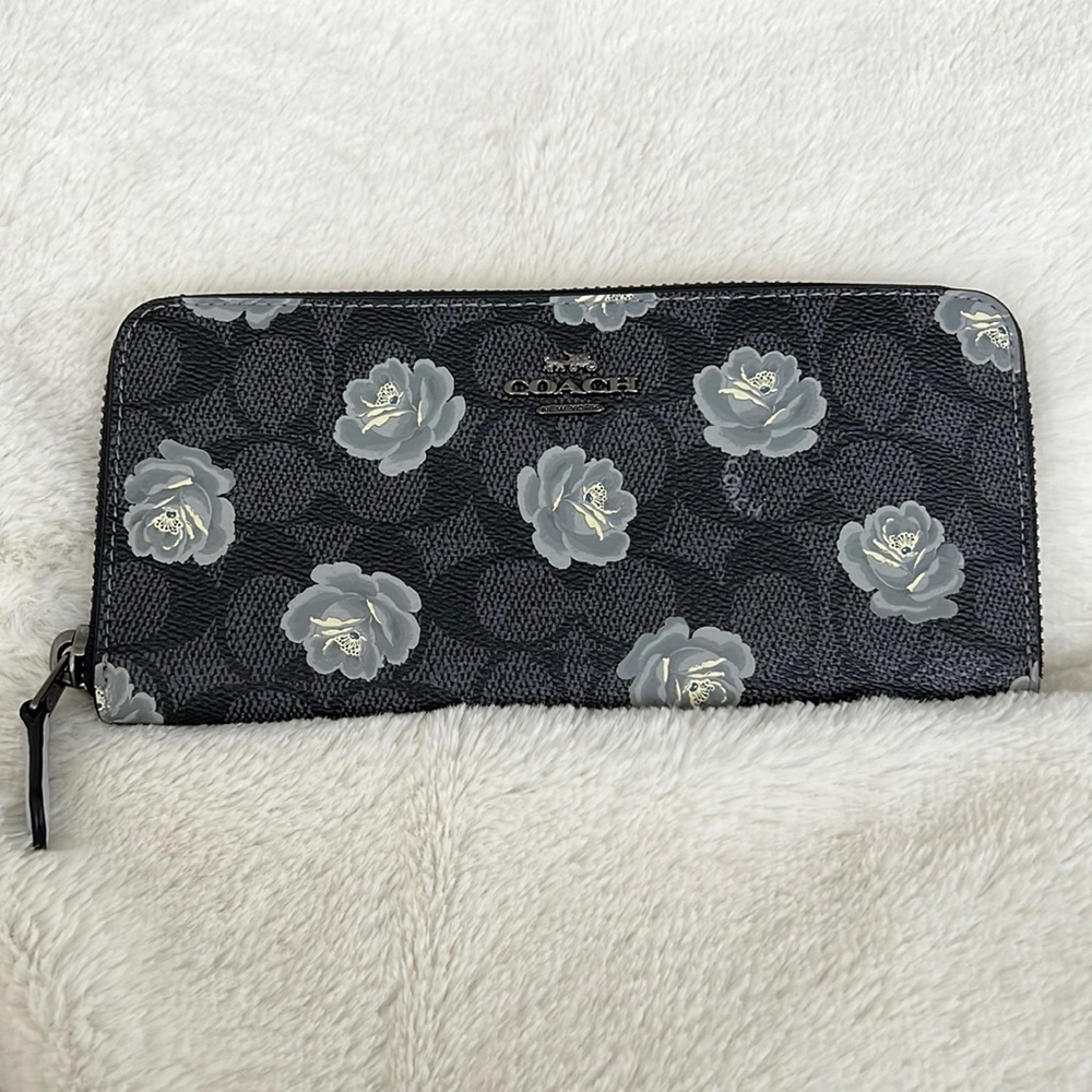 Coach Signature Rose Slim Accordion Zip Around Wallet Black Grey Floral NWOT